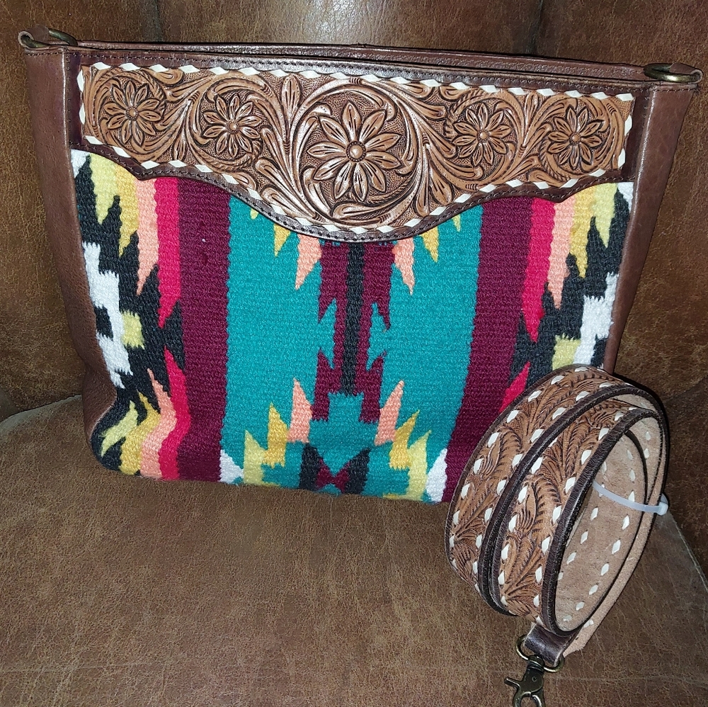 American Darling Aztec Woven/Tooled Leather Crossbody Bag in Vibrant Colors